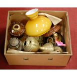 A box of miscellaneous oil lamp parts accessories to include fonts, shades, etc