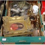 A box of miscellaneous items to include reproduction portrait, silver plated chocolate pot etc