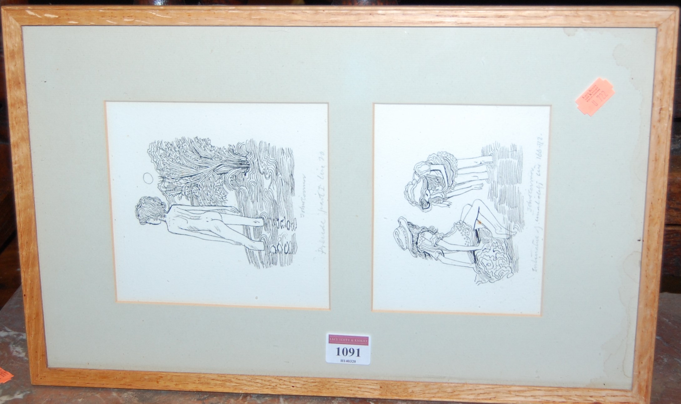 John Connor - Pair; ink drawings in single glazed frame, the larger 15 x 14cm; together with Linda