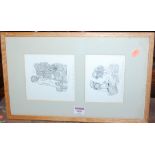 John Connor - Pair; ink drawings in single glazed frame, the larger 15 x 14cm; together with Linda