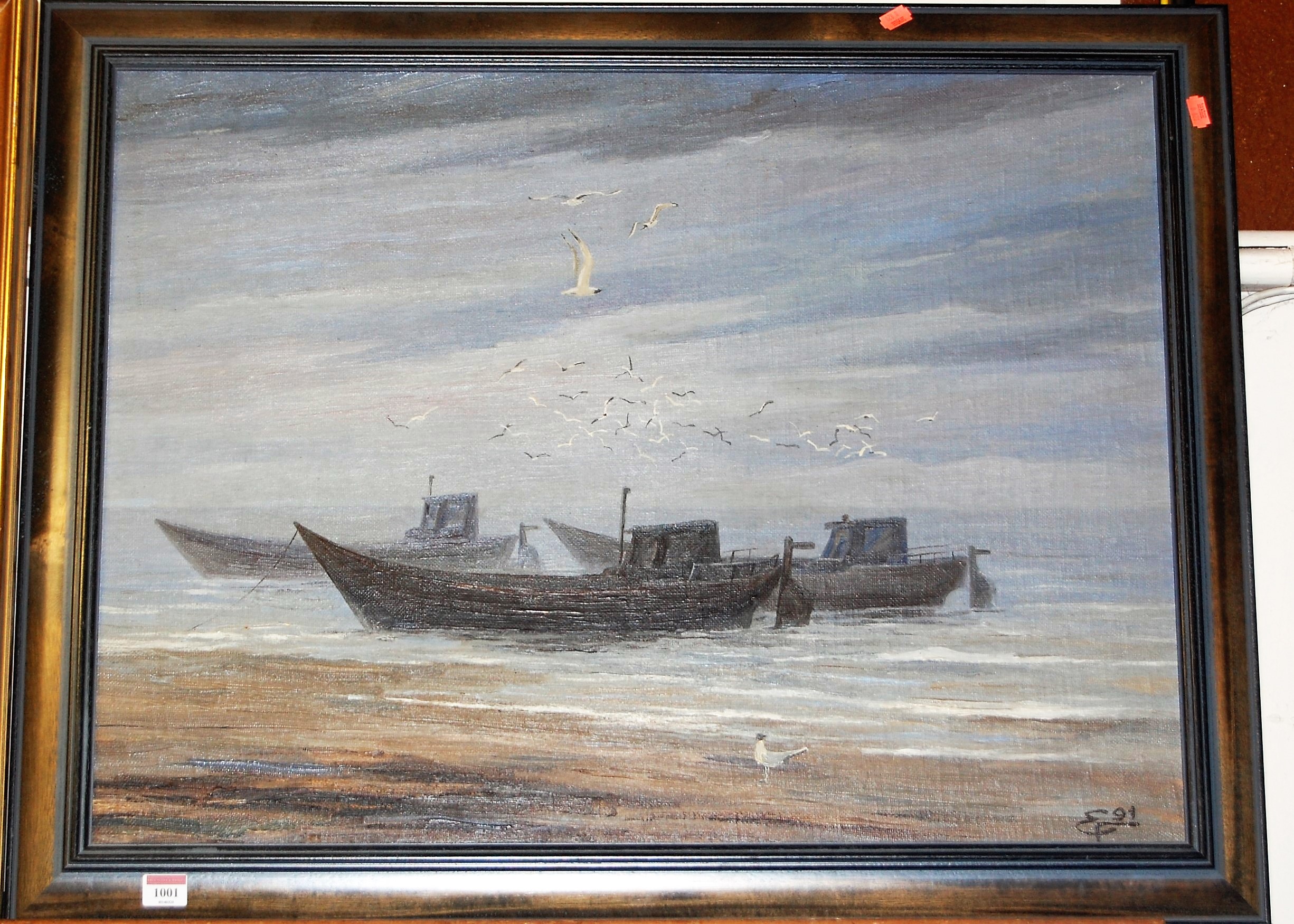 Late 20th century Russian school - boats at anchor with seagulls circling, oil on canvas laid on