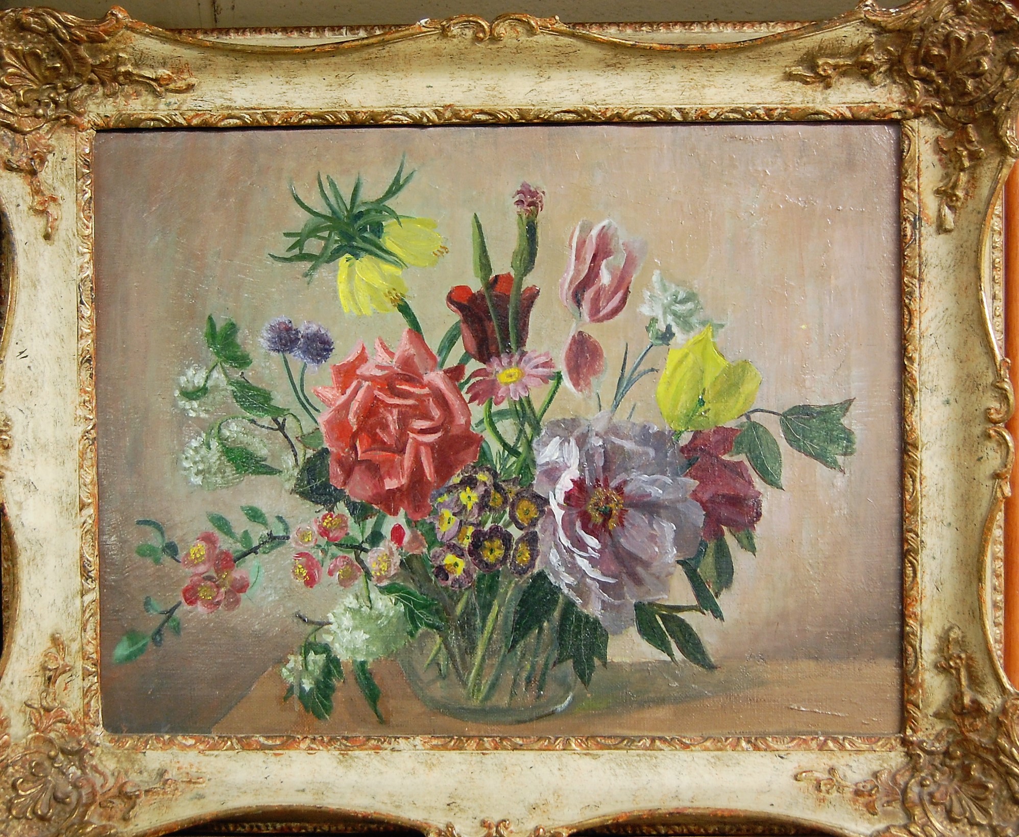 Mid 20th century English school - still life with flowers in a glass vase, oil on canvas, 32x42cm