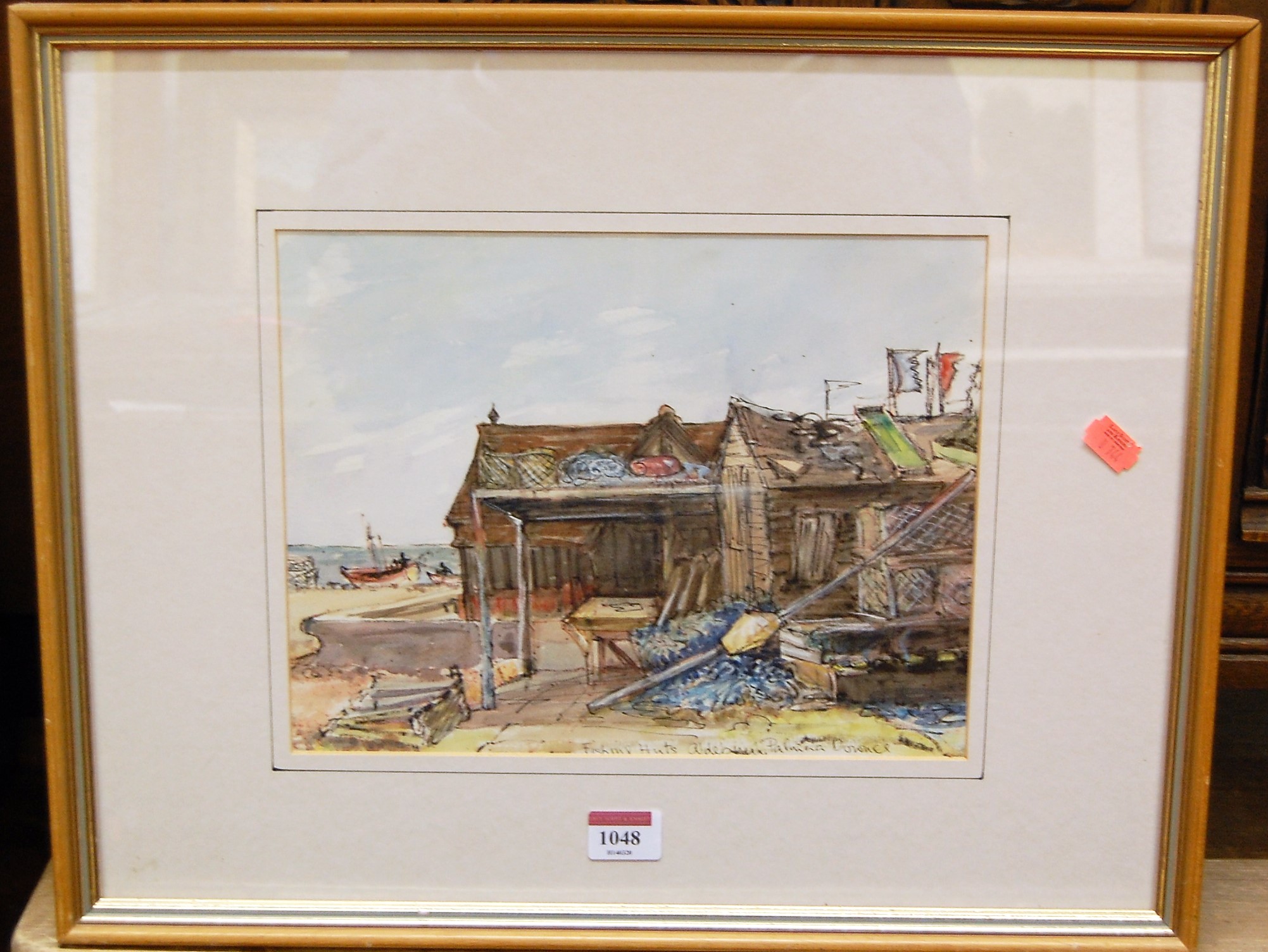 Patricia Downs - Fishing huts at Aldeburgh, watercolour with bodycolour, 22x29cm; together with