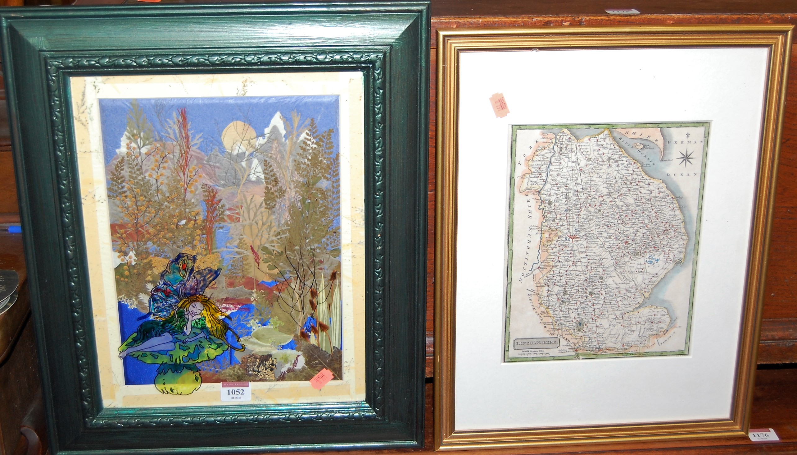 Assorted pictures and prints to include mixed media fairy study, county map of Lincolnshire, still