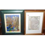 Assorted pictures and prints to include mixed media fairy study, county map of Lincolnshire, still