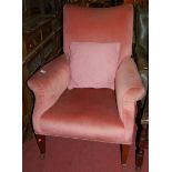 A circa 1900 mahogany framed and pink upholstered armchair, on tapering supports, width 72cm