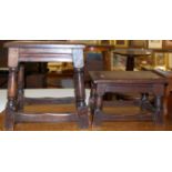 A 17th century style joined oak joint stool, together with a similar lower example (2)