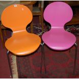 A set of four contemporary bright colour painted stacking kitchen chairs, raised on chrome rod