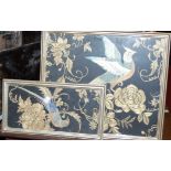 Assorted framed Japanese silkworks, each as exotic birds within gold thread flowers and foliage,