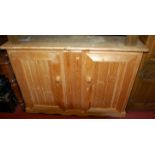 A modern pine round cornered double door side cupboard, width 122cm