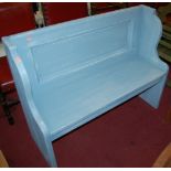A contemporary blue painted pine two seater church pew, width 116cm