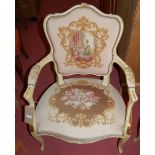 A pair of Louis XV style cream painted floral tapestry upholstered and further studded open