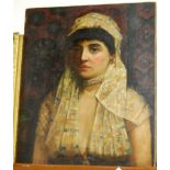 Continental school - half length portrait of a gypsy woman wearing a pearl choker, oil on canvas (