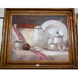 M Miller - Still life with apple and coffee set, oil on canvas, signed lower left, 50x60cm