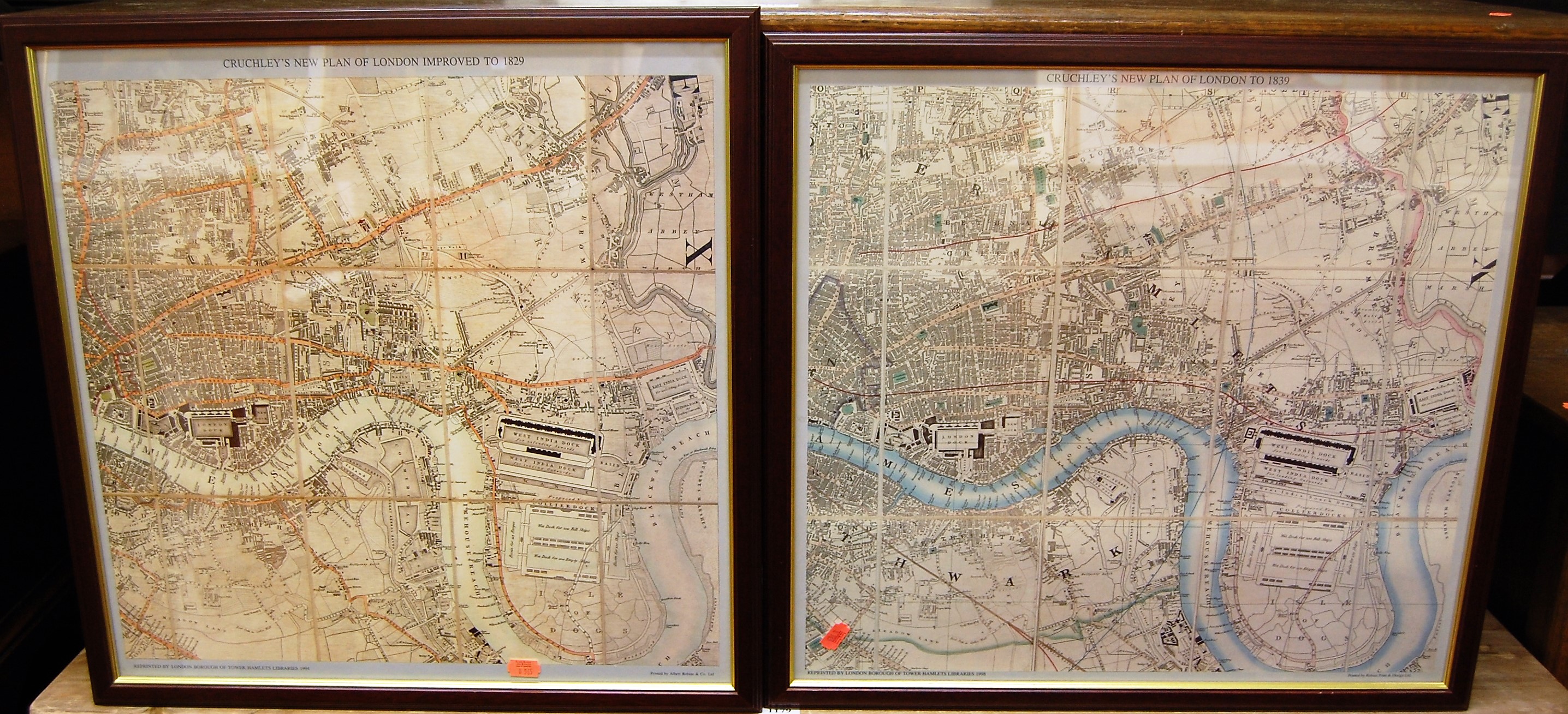 Pair reproduction survey maps of London from 1829 together with a framed oriental silkwork panel