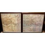 Pair reproduction survey maps of London from 1829 together with a framed oriental silkwork panel