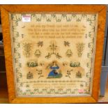 Mid 19th century needlework, verse, and picture sampler by Maria Field, aged 9 years, dated 1849,