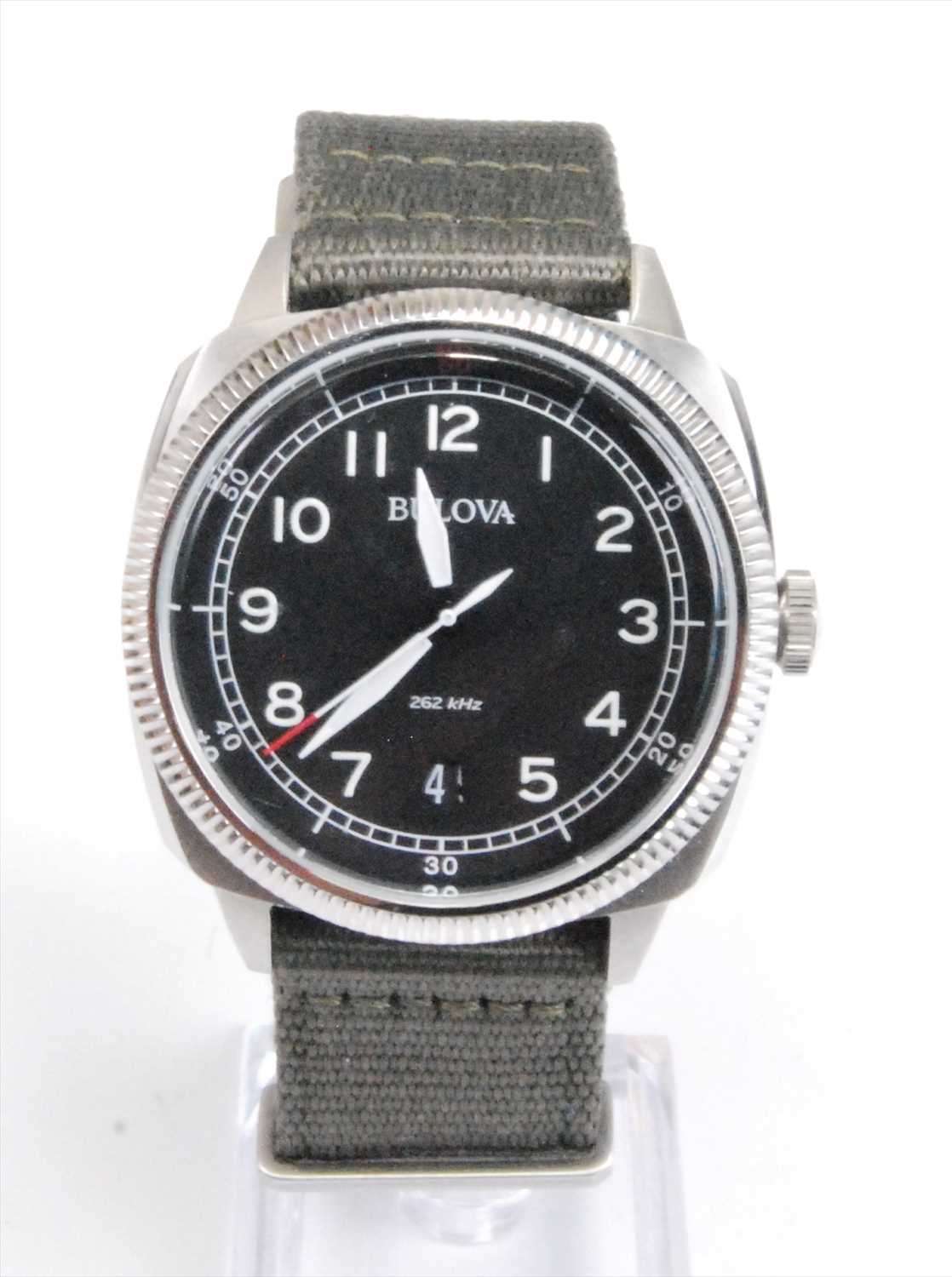 A gents Bulova Military brushed steel ultra high frequency 262khz quartz wristwatch, having round