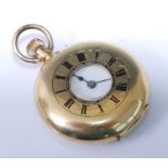 A continental lady's 18ct gold cased half hunter pocket watch, the back cover with engraved