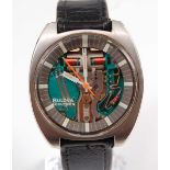 A stainless steel Bulova Accutron quartz wristwatch, having round skeleton dial with baton markers