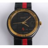 A Ferrari steel and gold plated quartz wristwatch, having a signed black dial with date aperture,