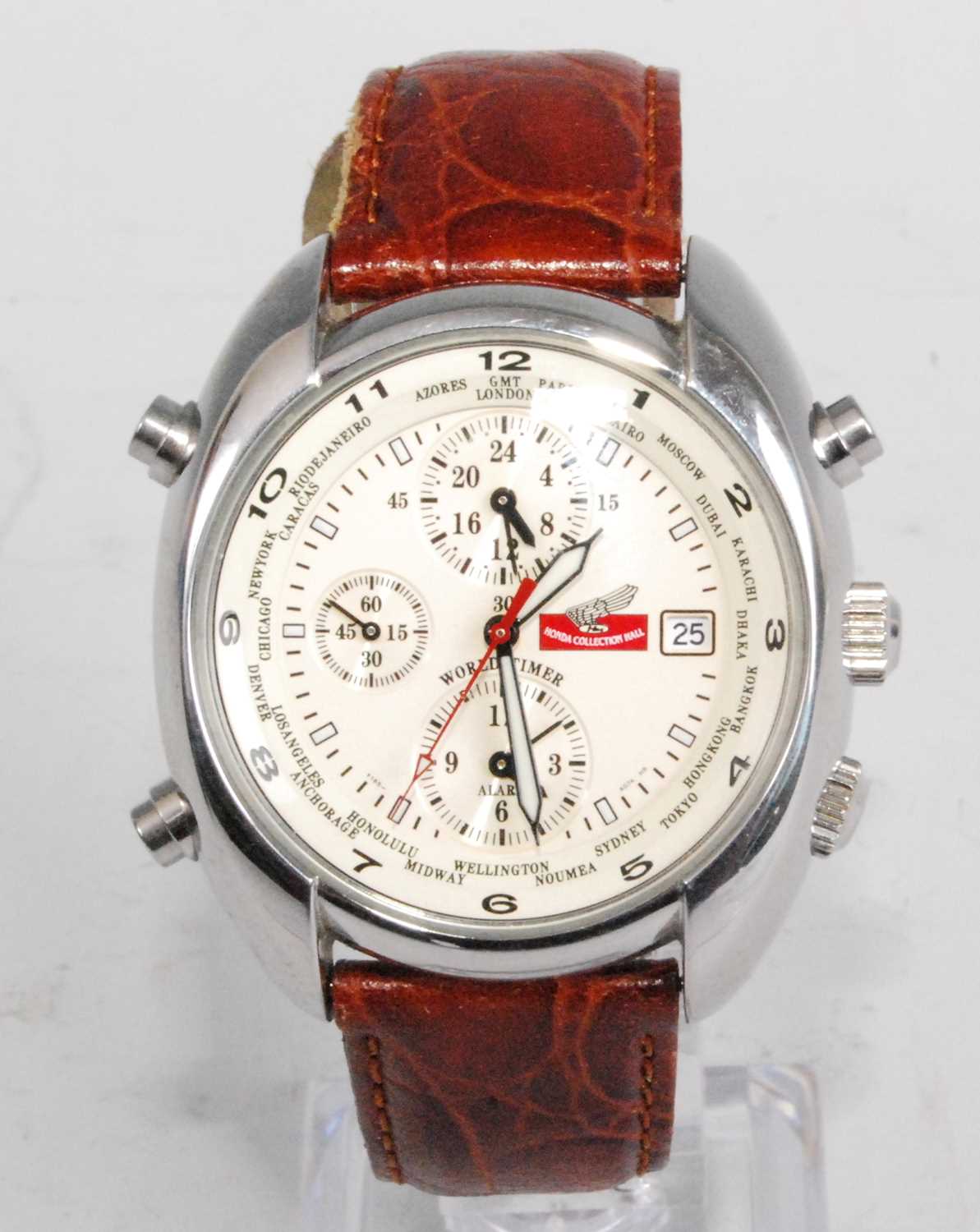 A gents Honda steel cased chronograph quartz wristwatch, with alarm, having a signed silvered dial
