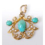 An Edwardian yellow metal, turquoise and seed pearl set openwork pendant, unmarked but tests as