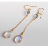 A pair of yellow metal, sapphire and moonstone drop earrings, each featuring an oval cabochon cut