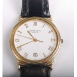 A Gents Raymond Weil gold plated quartz wristwatch, having round white Roman dial with date aperture