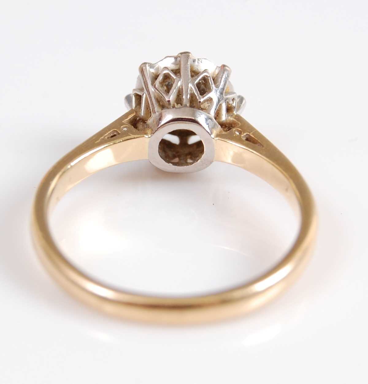 A yellow and white metal diamond single stone ring, featuring an Old European cut diamond in an - Image 3 of 5
