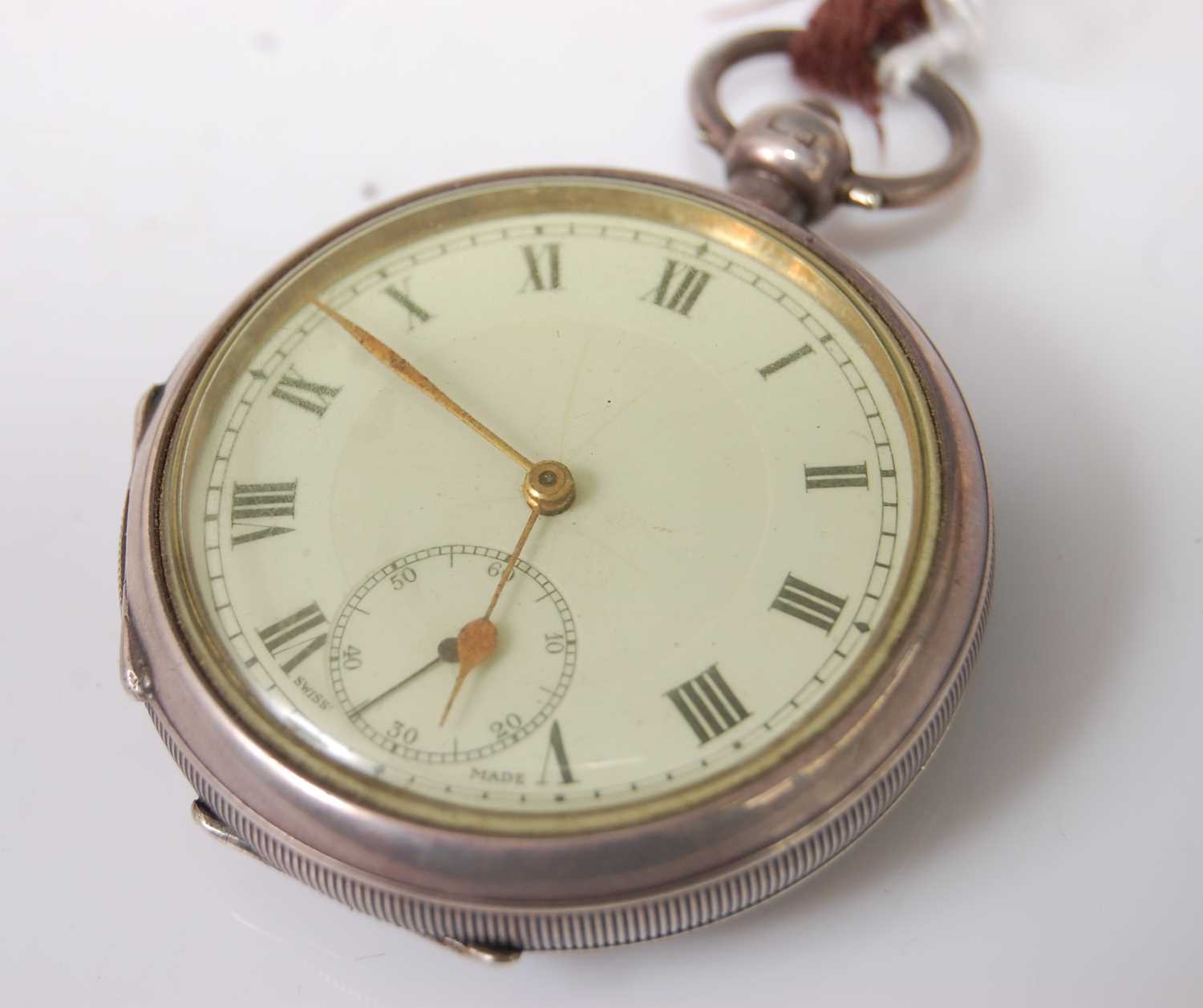 A George V gent's silver cased open faced pocket watch, having engine turned back cover, keyless - Image 2 of 3