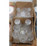 Two boxes of miscellaneous glassware, to include a pair of cut glass decanters and stoppers, set