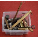 A box of miscellaneous items, to include flat irons, branding iron, shears, cobbler's last etc