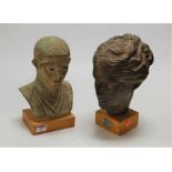 Two reproduction ceramic busts of Classical figures, each on hardwood plinths, the largest h.27cm