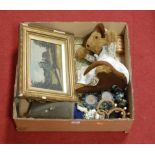 A box of miscellaneous items, to include a Chapel Valley Crafts Mother & Child soft toy, a pair of