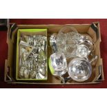 A box of miscellaneous silver plated wares, to include three-piece tea set, four-division toast