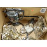 A box of miscellaneous silver plated wares, to include wine funnel, coffee pot, loose flatware etc