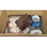 A box of miscellaneous items to include a Victorian porcelain egg-cup stand and cups and a Victorian
