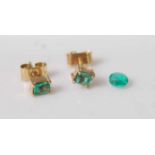 A pair of contemporary yellow metal and small baguette cut emerald set ear studs; together with a