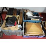 Three boxes of miscellaneous items, to include carved ebony desk stand, bellows, cutlery cases etc