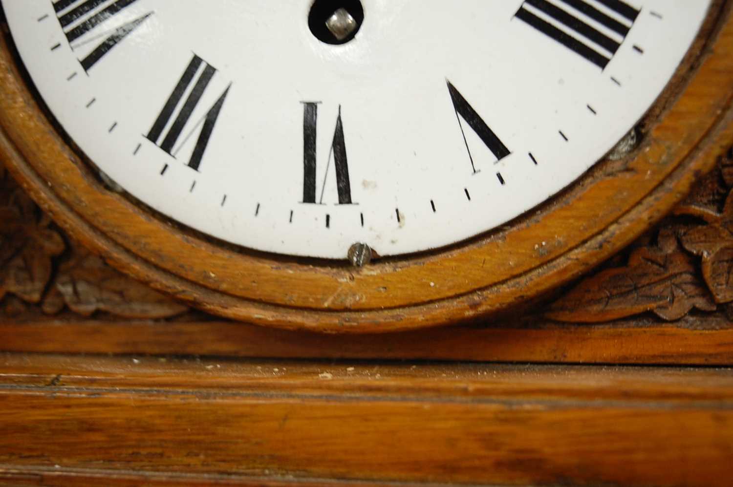 A Victorian carved oak desk weather station, inset with clock and barometer, with central - Image 6 of 9