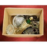 A box of miscellaneous items, to include a George V cut glass silver topped inkwell, a Salter's