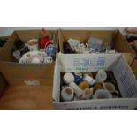Three boxes of miscellaneous items, to include Highland stoneware vase, Royal Doulton Romance