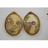 A pair of miniature woolwork studies, depicting garden scenes, each as ovals in gilt metal mounts, 9