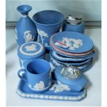 A small collection of Wedgwood jasperware tablewares, to include blue and pink examples