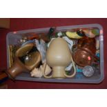 A box of miscellaneous items, to include; cut glass decanter, large twin handled urn etc