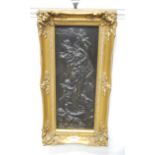 A reproduction bronze plaque depicting goddess and cherubs, within gilt frame, 54 x 28cm