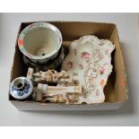 Assorted chinaware, to include desk stand, pair of figural candle-holders, Chinese blue and white