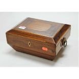 An early 19th century rosewood and marquetry inlaid work box, of sarcophagus outline, w.