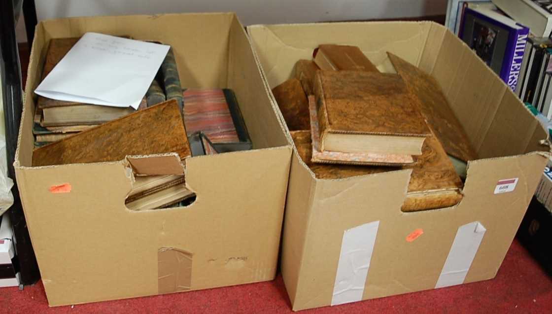 Two boxes of miscellaneous 19th century and later leather bound books, to include James Boswell's